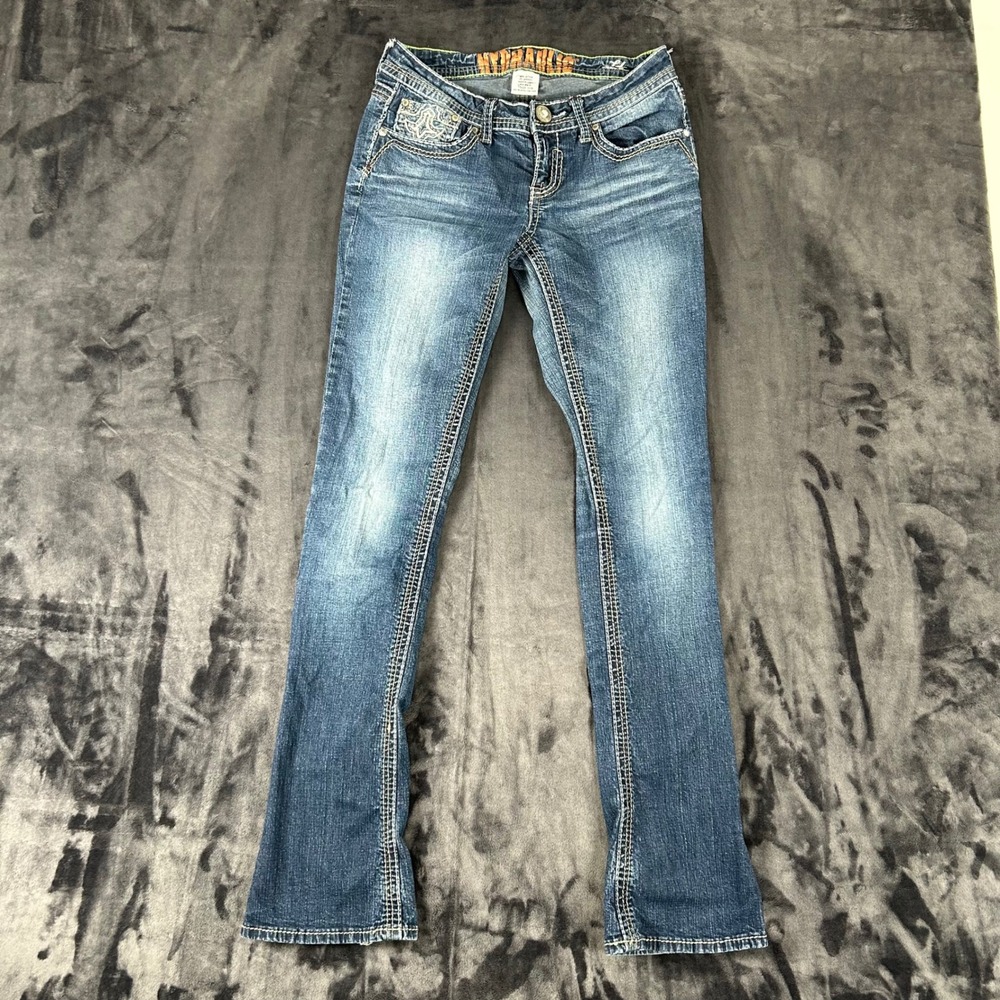 Hydraulic Jeans Women 7/8 Blue Bootcut Embroidered Pockets Thick Stitch Y2K